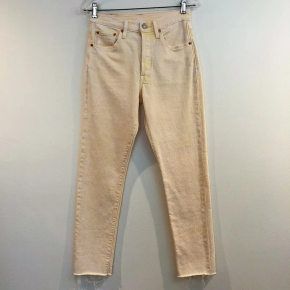 Levi's 501 High Waist Colorful Yellow Casual Denim Raw Hem Straight Leg Jeans 25 - Picture 2 of 10